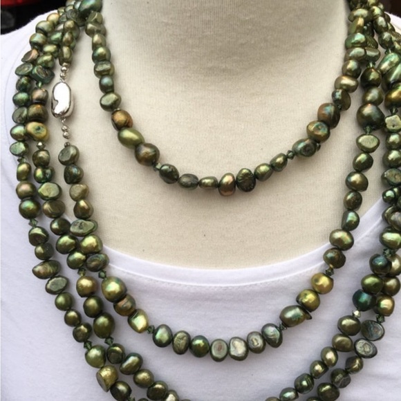 Freshwater Peridot Green 100” Strand of Pearls With Stainless Steel Clasp, NWT - Picture 2 of 6